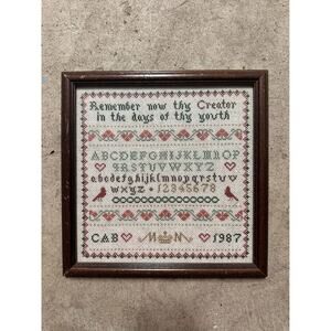 Vintage Sampler Embroidery – Bible Verse Eccl. 12:1 – 1987 – Framed 10” x 10”